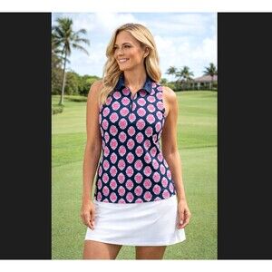 Tommy Bahama Golf Polo L Sleeveless Top UPF Wicking Zip Navy Pink Tropical NWT